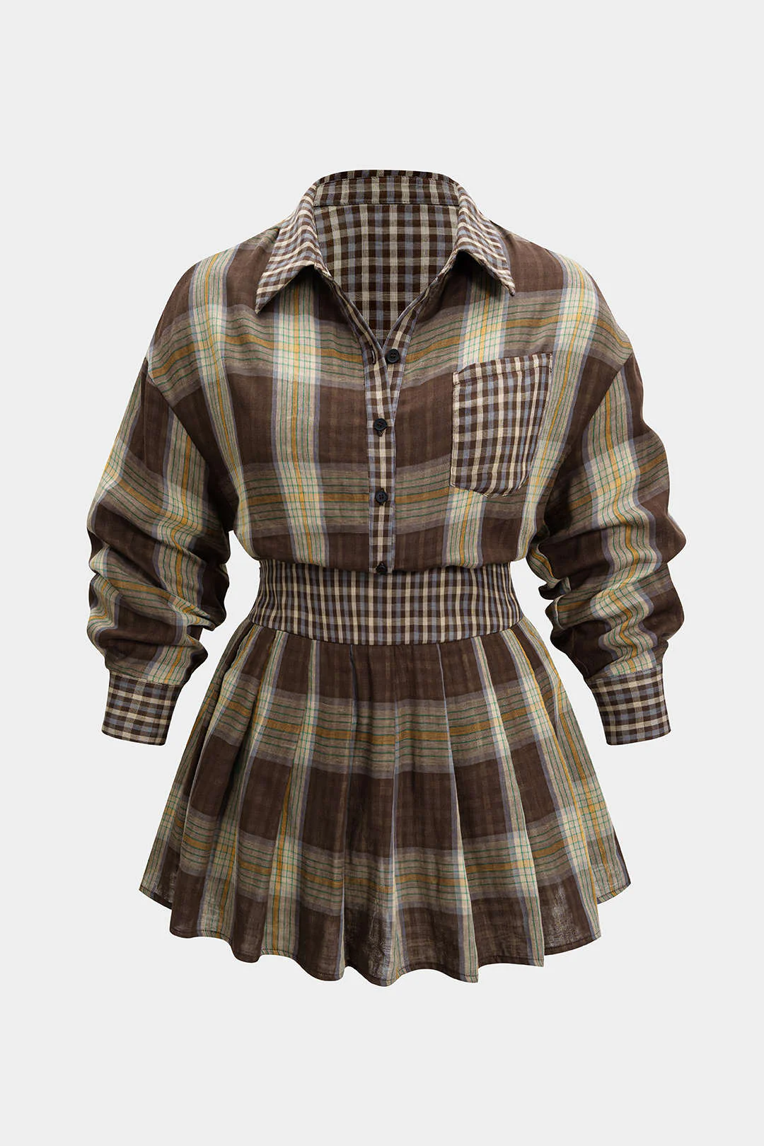 Plus Size Plaid Print Button Long-Sleeve Shirt And Mini Skirt Set - Flockneti