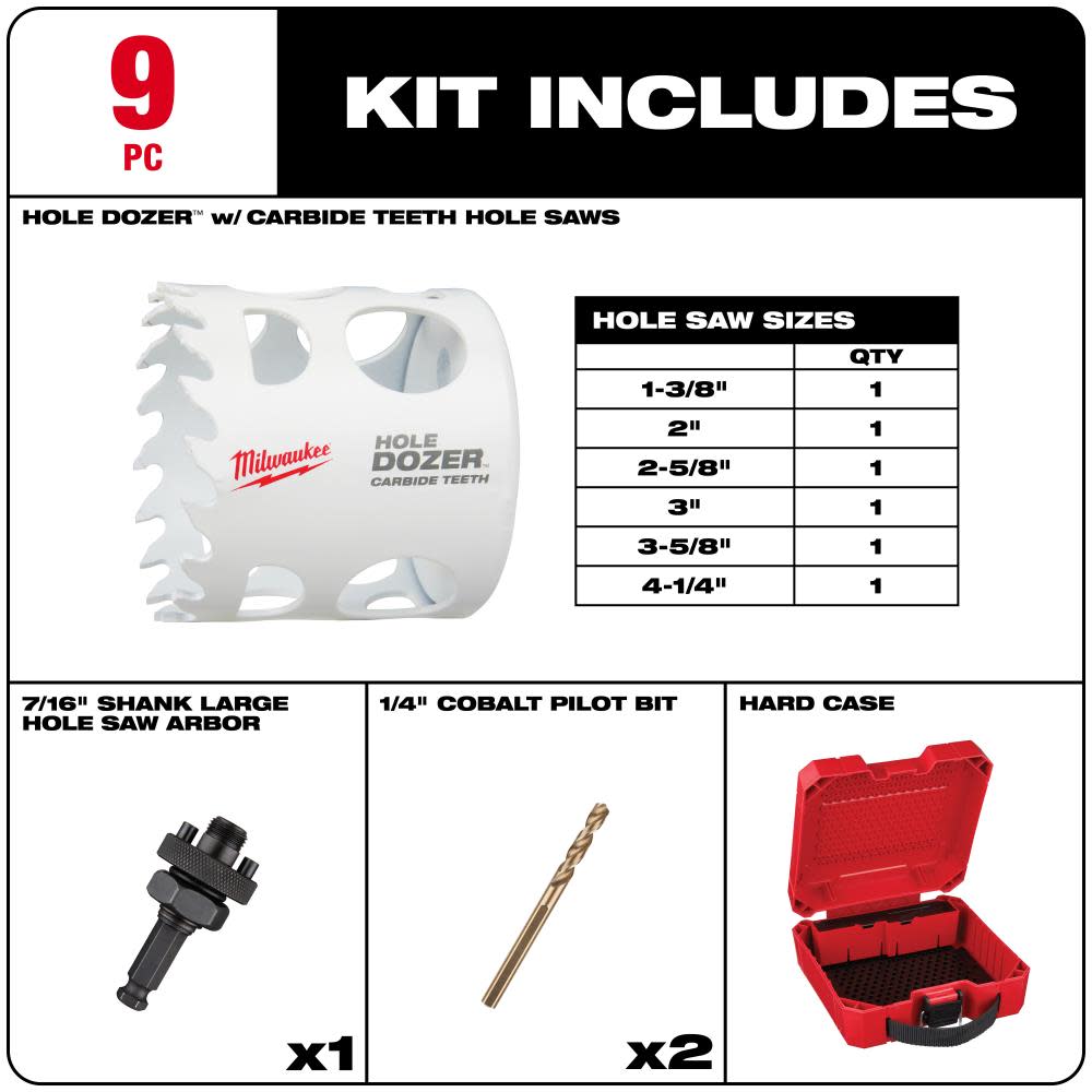 Milwaukee HOLE DOZER with Carbide Teeth Large Diameter Hole Saw Kit 9pc - Flockneti