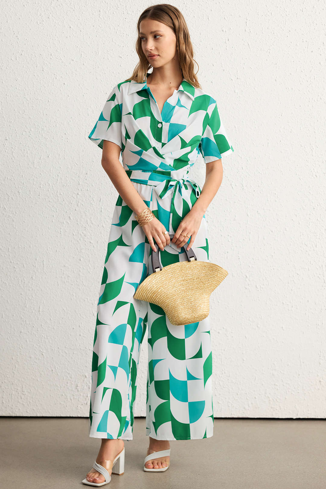 Contrast Geometric Print Lapel Tie-Up Short Sleeve Jumpsuit - Flockneti