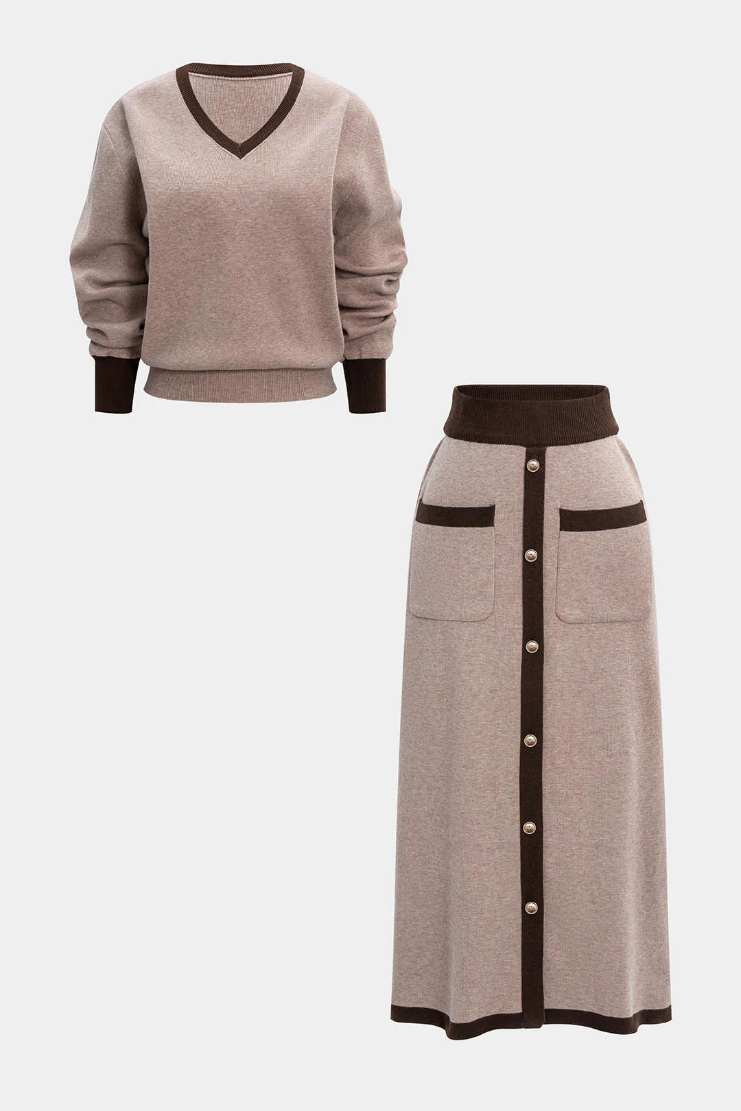 Knit Contrast V-Neck Long-Sleeve Top And Button Skirt Set - Flockneti
