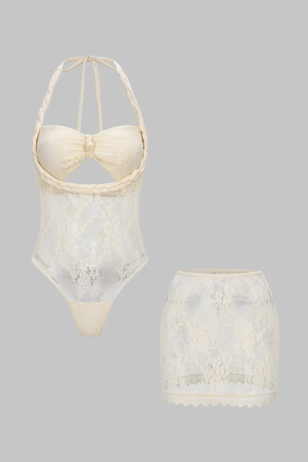 Sheer Lace Braided Halter Tie-Up Cut Out Bodysuit And Skirt Set - Flockneti