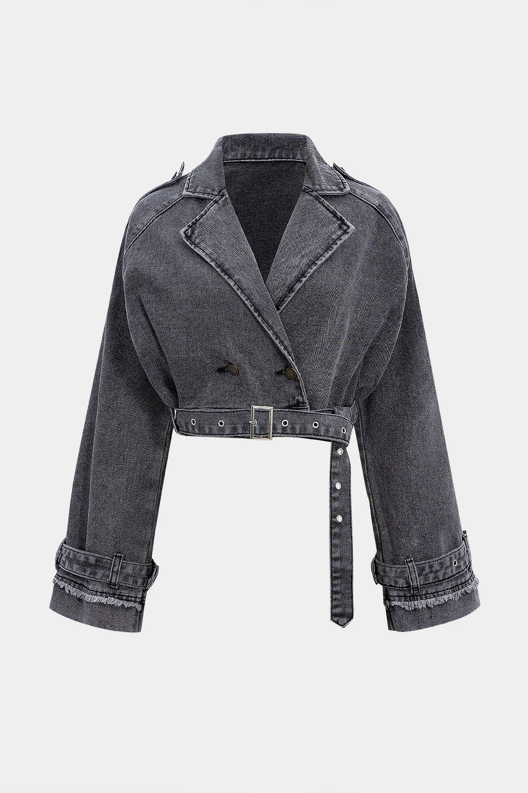 Denim Washed Button Belted Outerwear - Flockneti