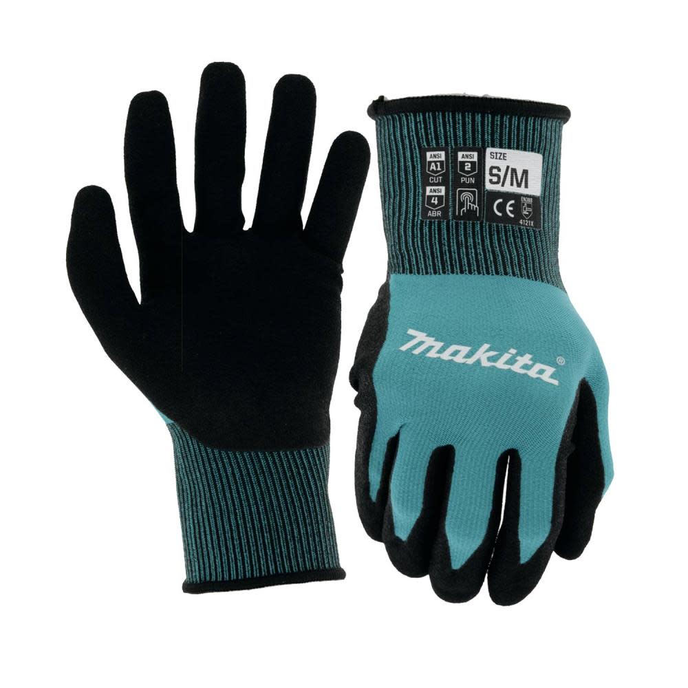 Makita FitKnit Gloves Cut Level 1 Nitrile Coated Dipped Small/Medium - Flockneti