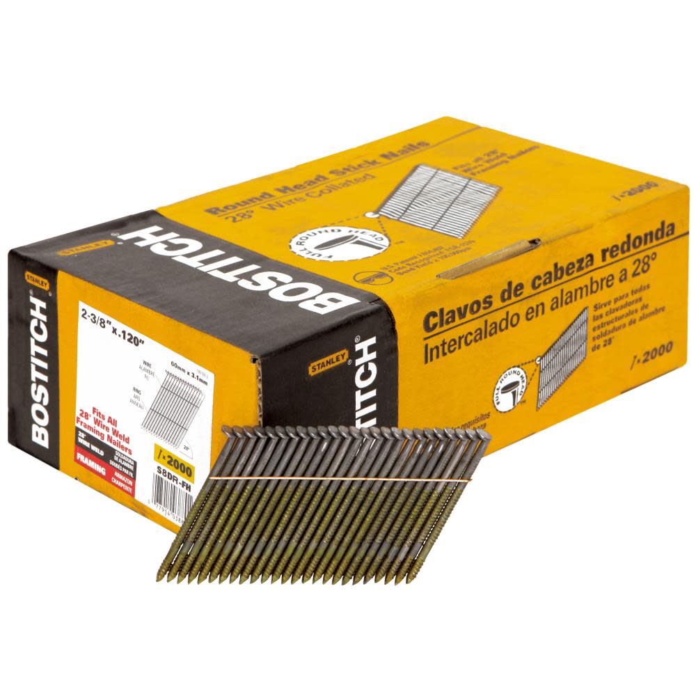 Bostitch 2000-Qty 2-3/8 In. x .120 Ring Shank 28 Degree Wire Collated Full Round Head Stick Framing Nails - Flockneti