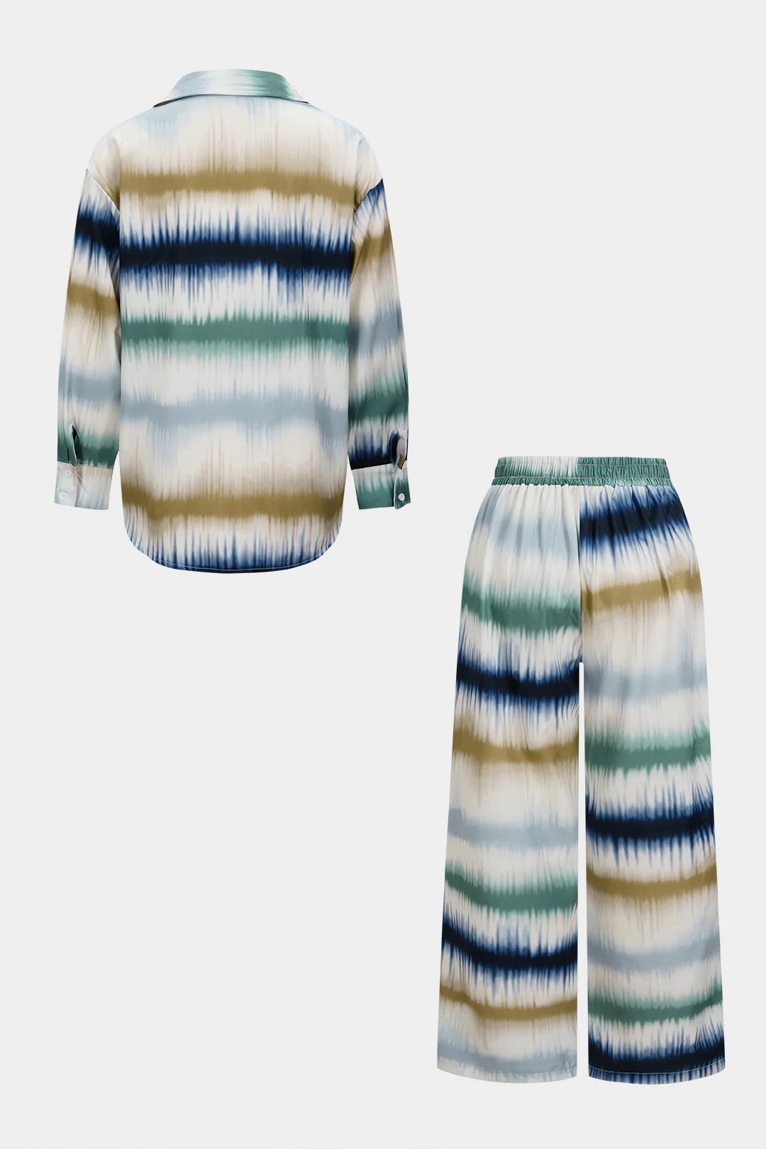 Plus Size Contrast Tie Dye Print Button Long Sleeve Shirt And Shirred Waistband Pants Set - Flockneti