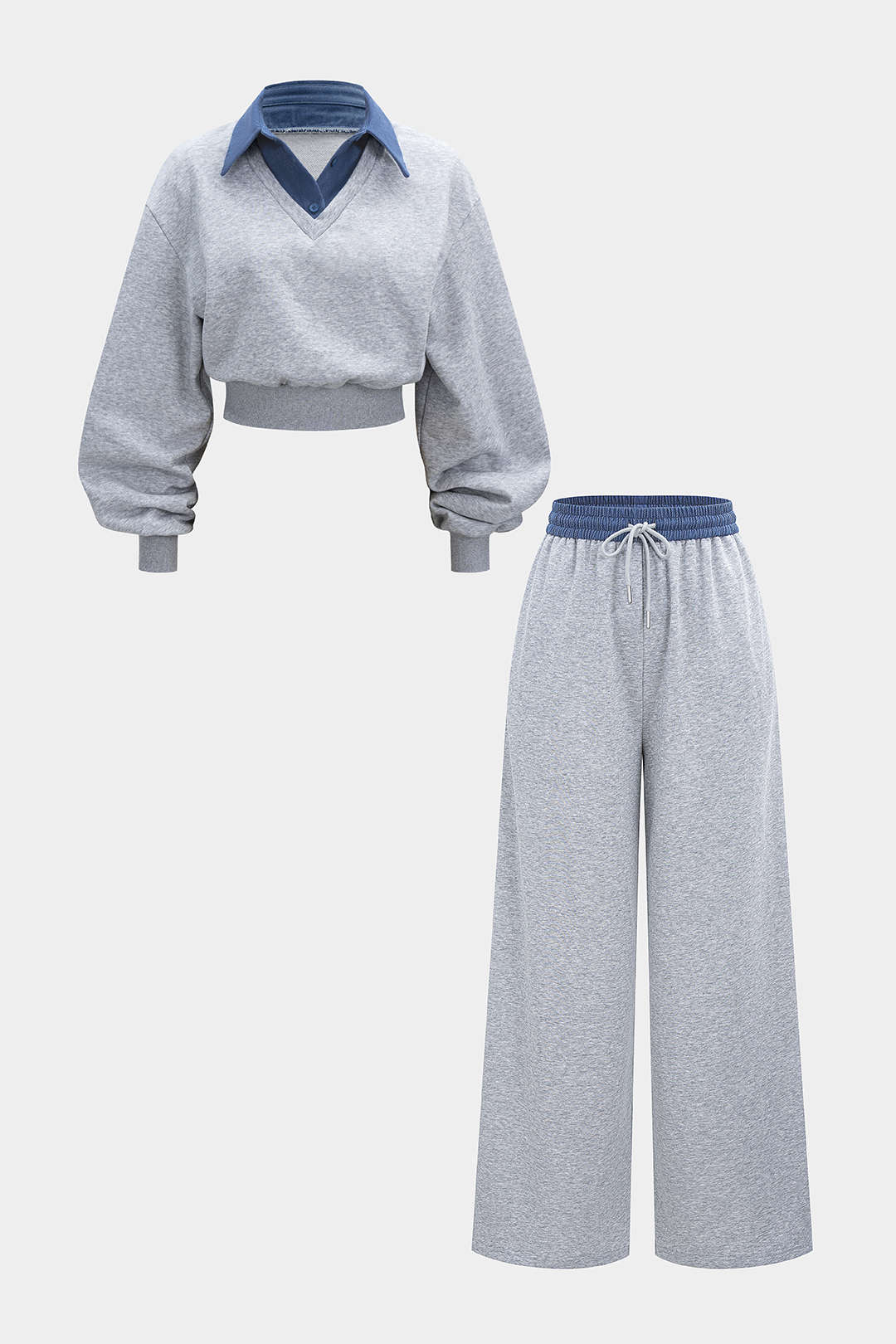 Contrast Patchwork Long-Sleeve Top And Shirred Waistband Drawstring Trousers Set - Flockneti