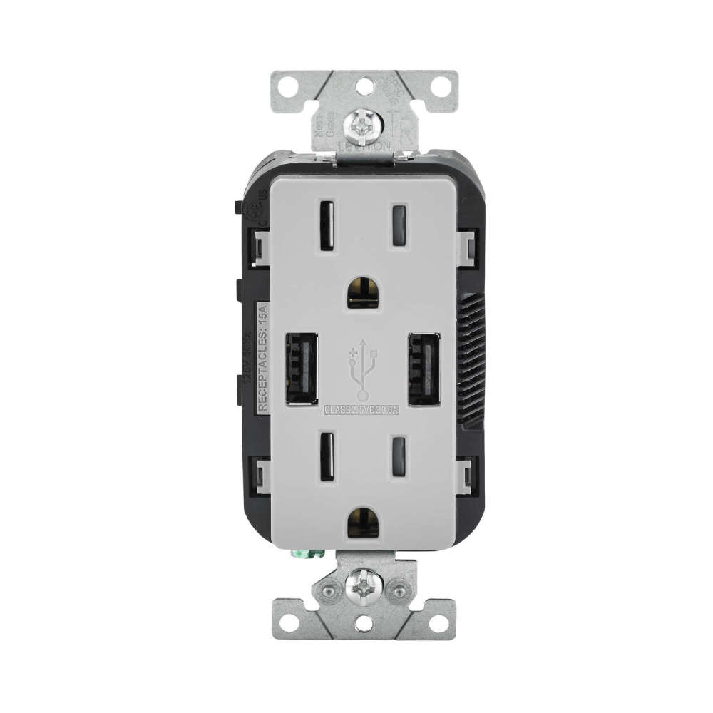 Leviton Decora 15A 125V Gray NEMA 5-15R Outlet & USB Charger - Flockneti