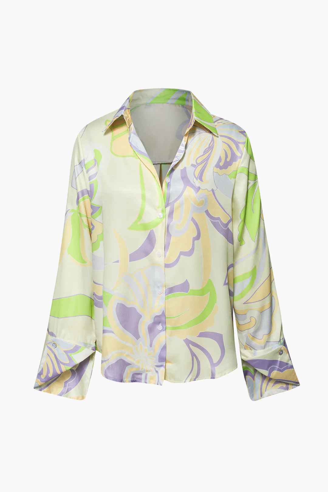 Satin Floral Print Button Long-Sleeve Shirt - Flockneti