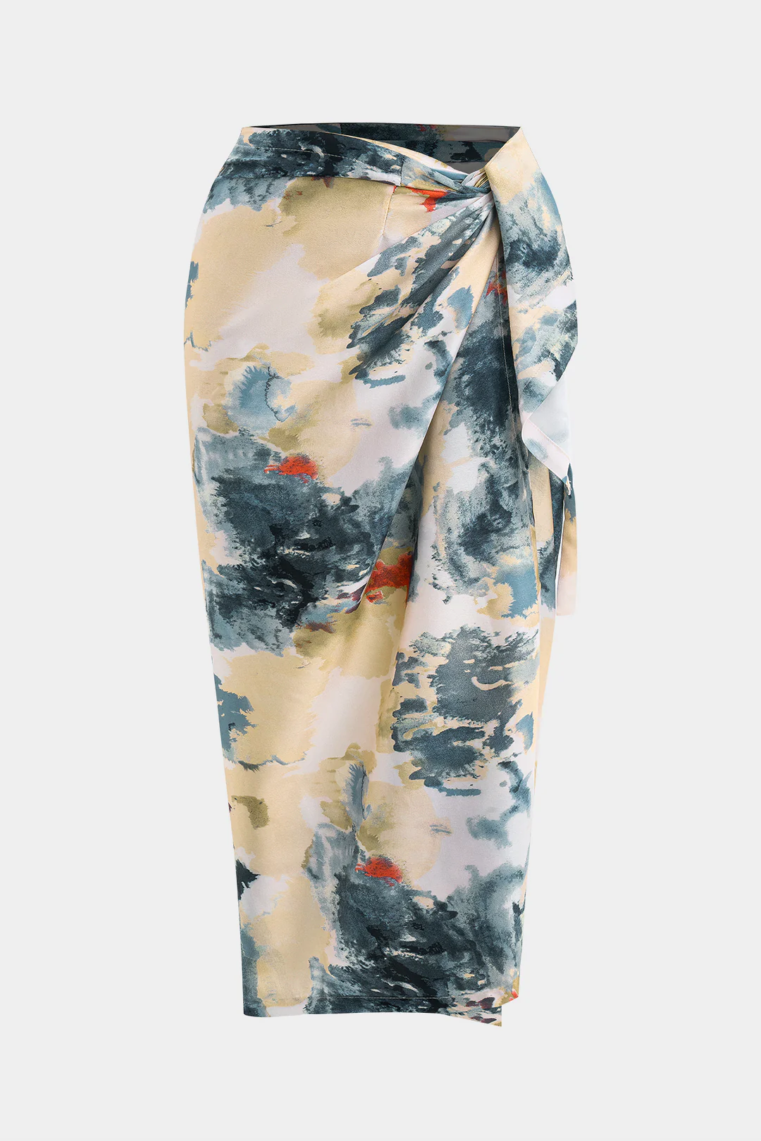 Plus Size Abstract Print Satin High Waist Wrap Twist Knot Skirt - Flockneti
