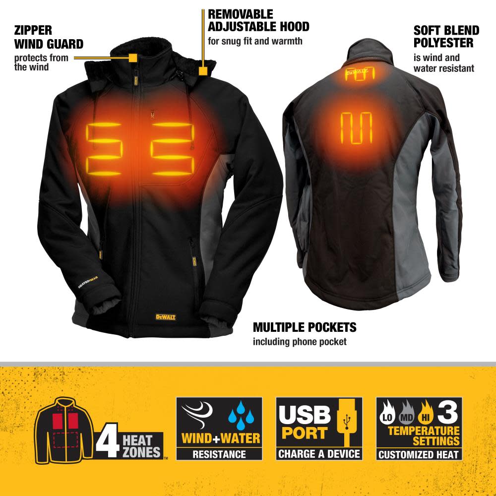 DEWALT Womens Heated Hooded Soft Shell Jacket Black S - Flockneti