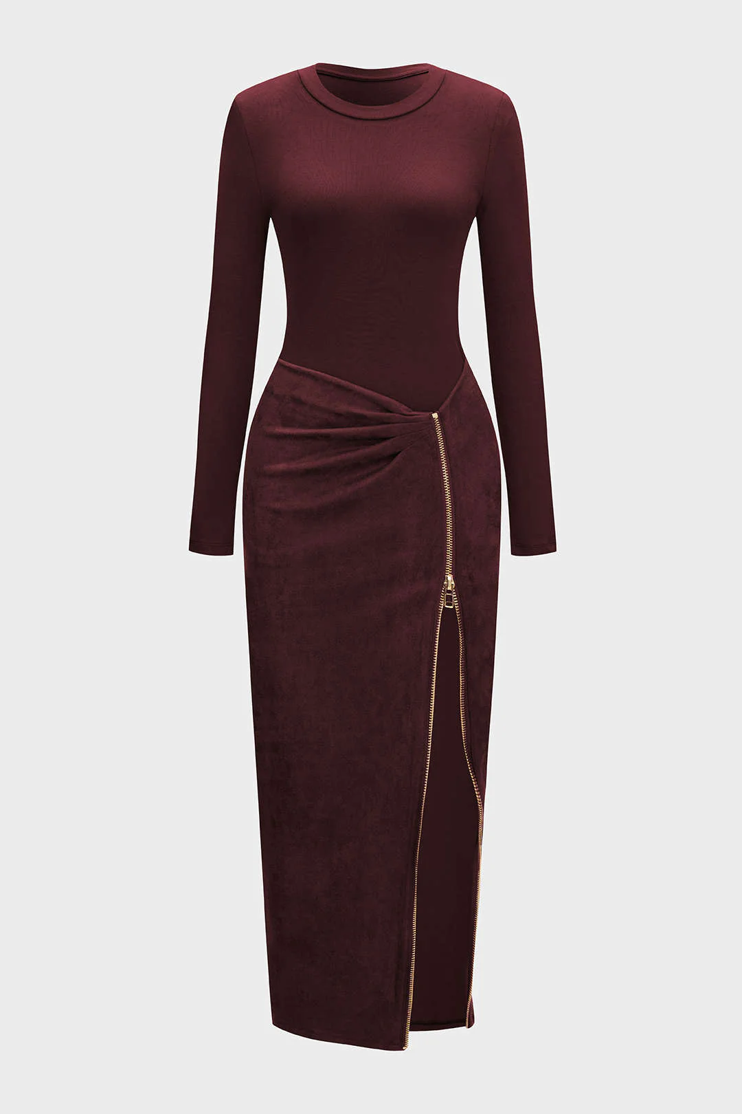 Round Neck Zipper Patchwork Long Sleeve Midi Dress - Flockneti