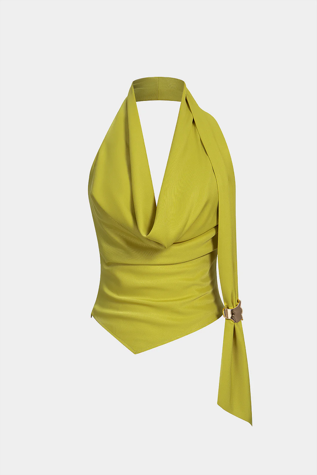 Halter Draped Cowl Neck Ruched Backless Asymmetrical Tank Top - Flockneti