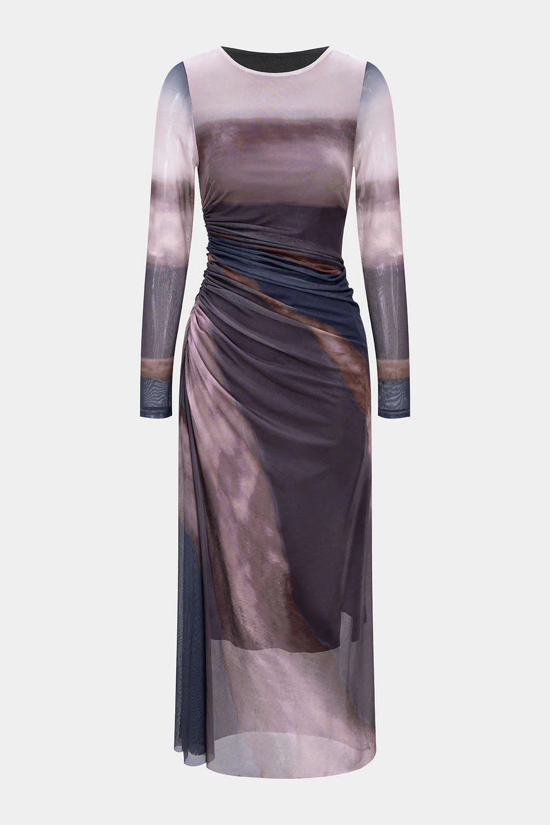 Tie-Dye Print Mesh Ruched Long Sleeve Maxi Dress - Flockneti