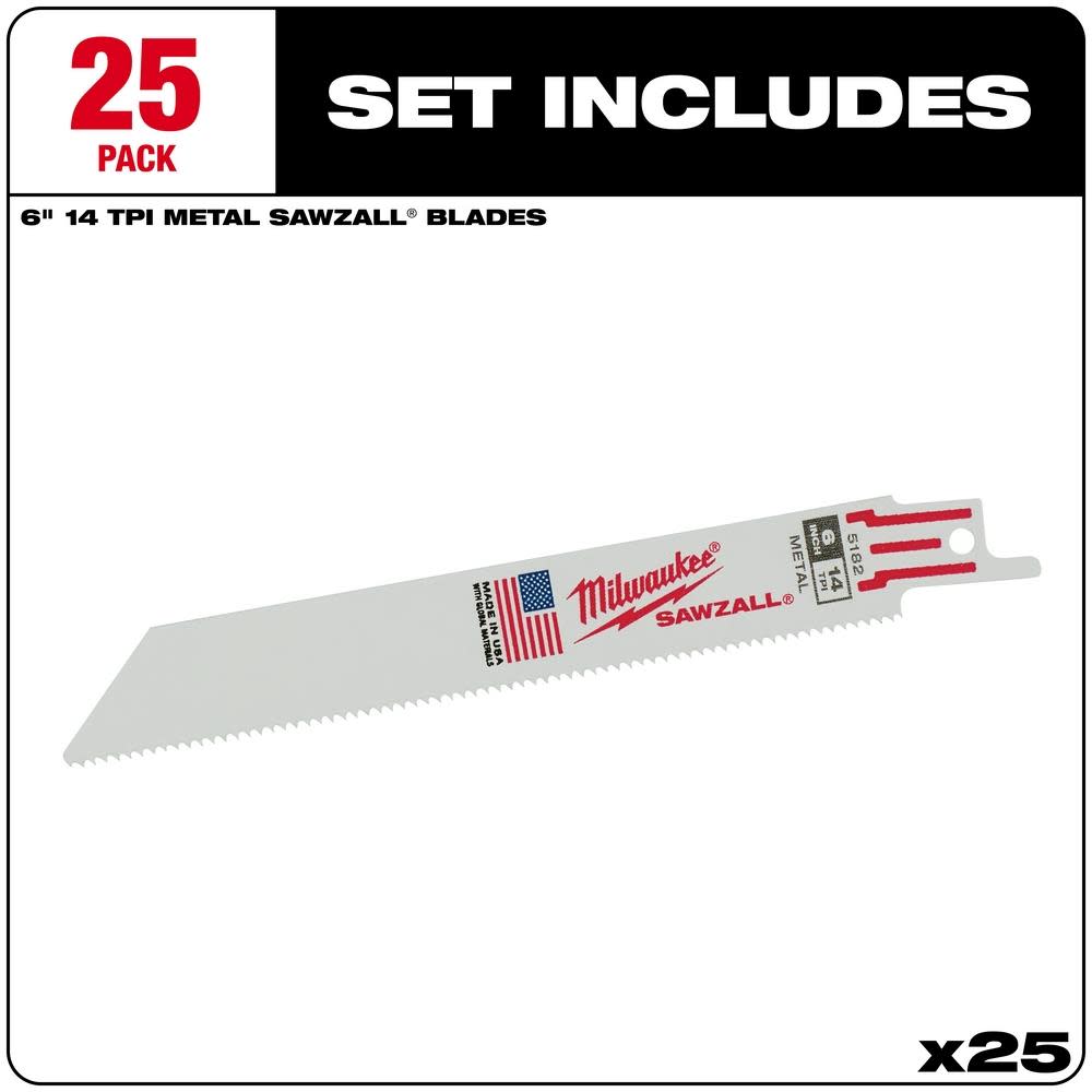 Milwaukee 6 in. 14 TPI Thin Kerf SAWZALL Blades 25PK - Flockneti