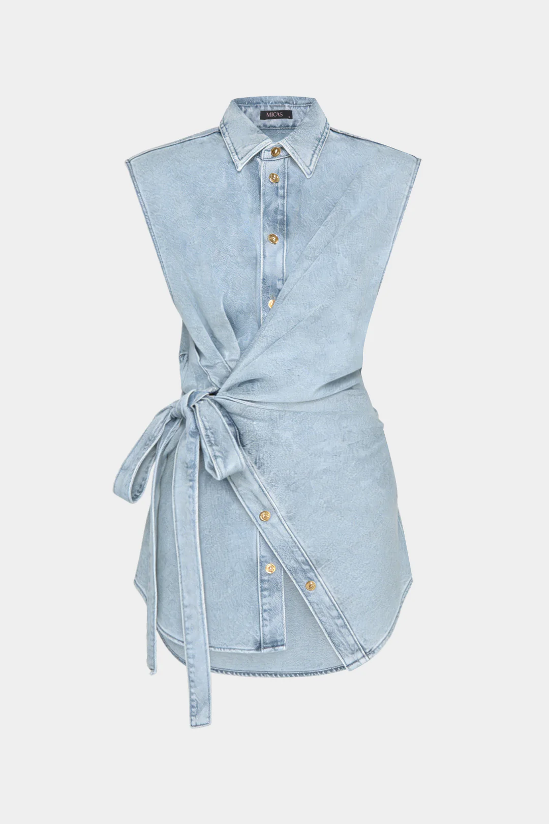 Denim Lapel Asymmetrical Tie-Up Sleeveless Shirt - Flockneti