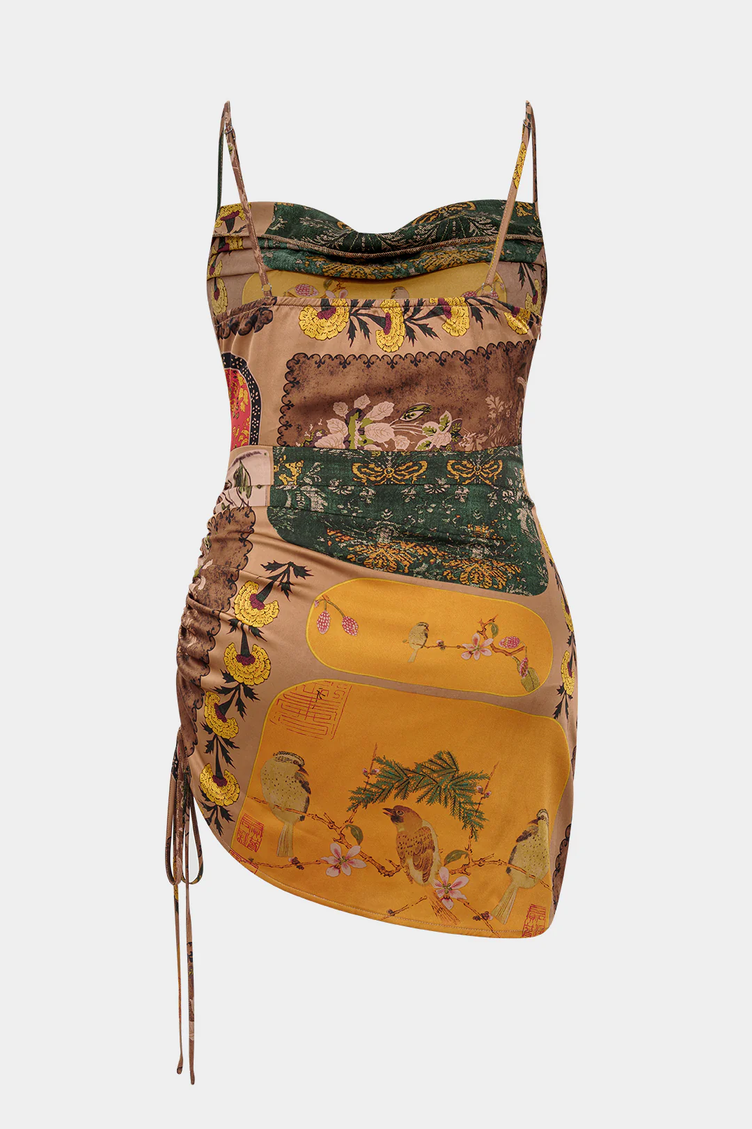 Plus Size Bohemian Print Cowl Neck Ruched Sleeveless Mini Dress - Flockneti