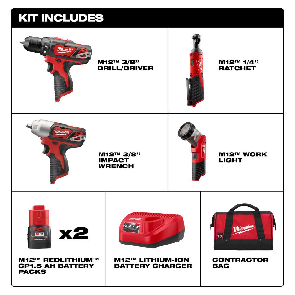 Milwaukee M12 Cordless Lithium-Ion 4 Tool Combo Kit - Flockneti