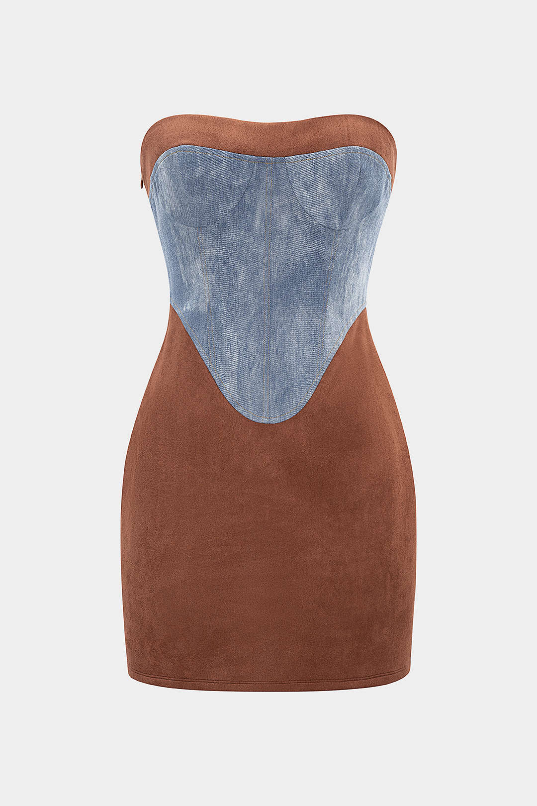 Suede Denim Patchwork Strapless Sleeveless Mini Dress - Flockneti