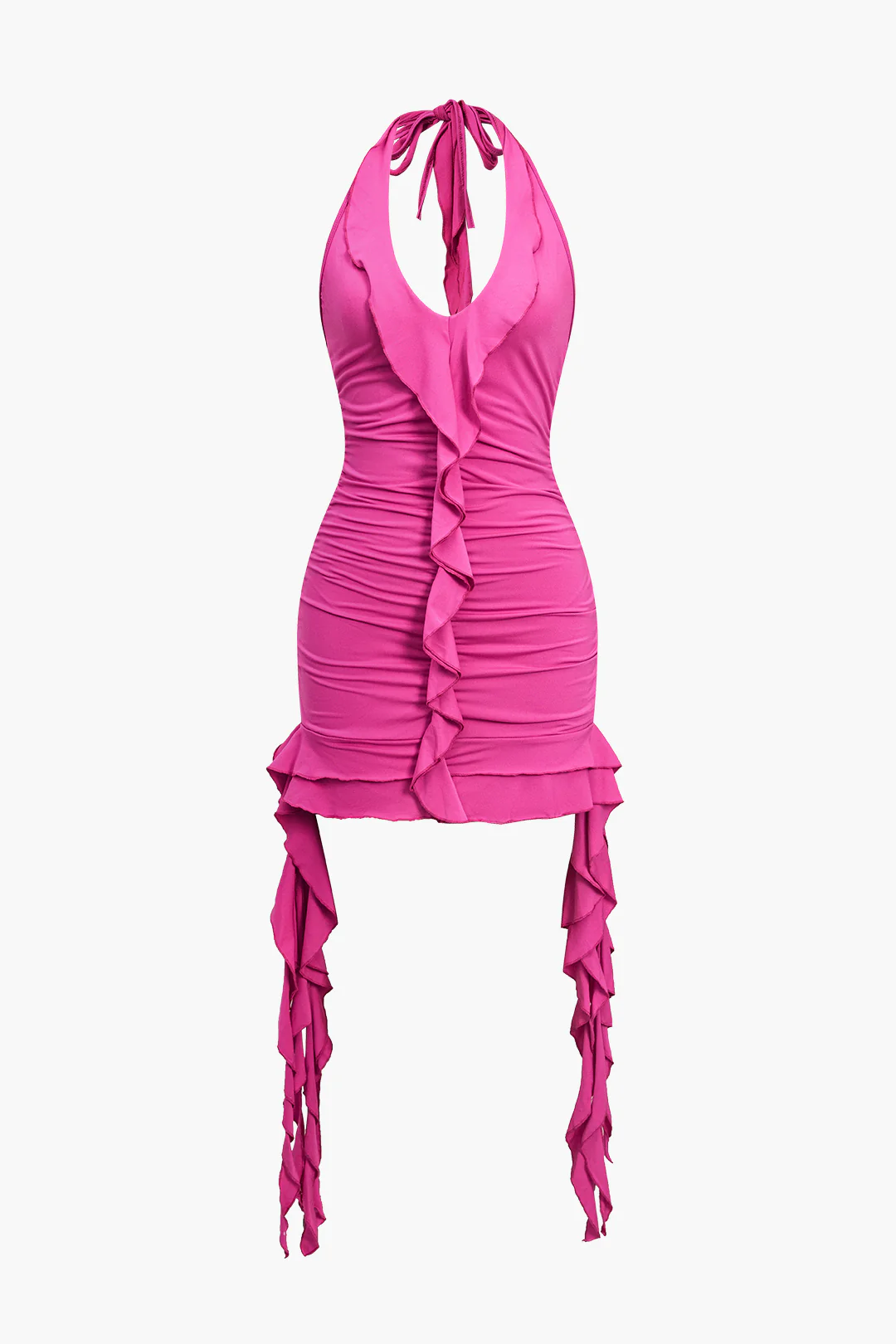 Halter Neck Tie Up Ruched Scallop Edge Backless Sleeveless Mini Dress - Flockneti