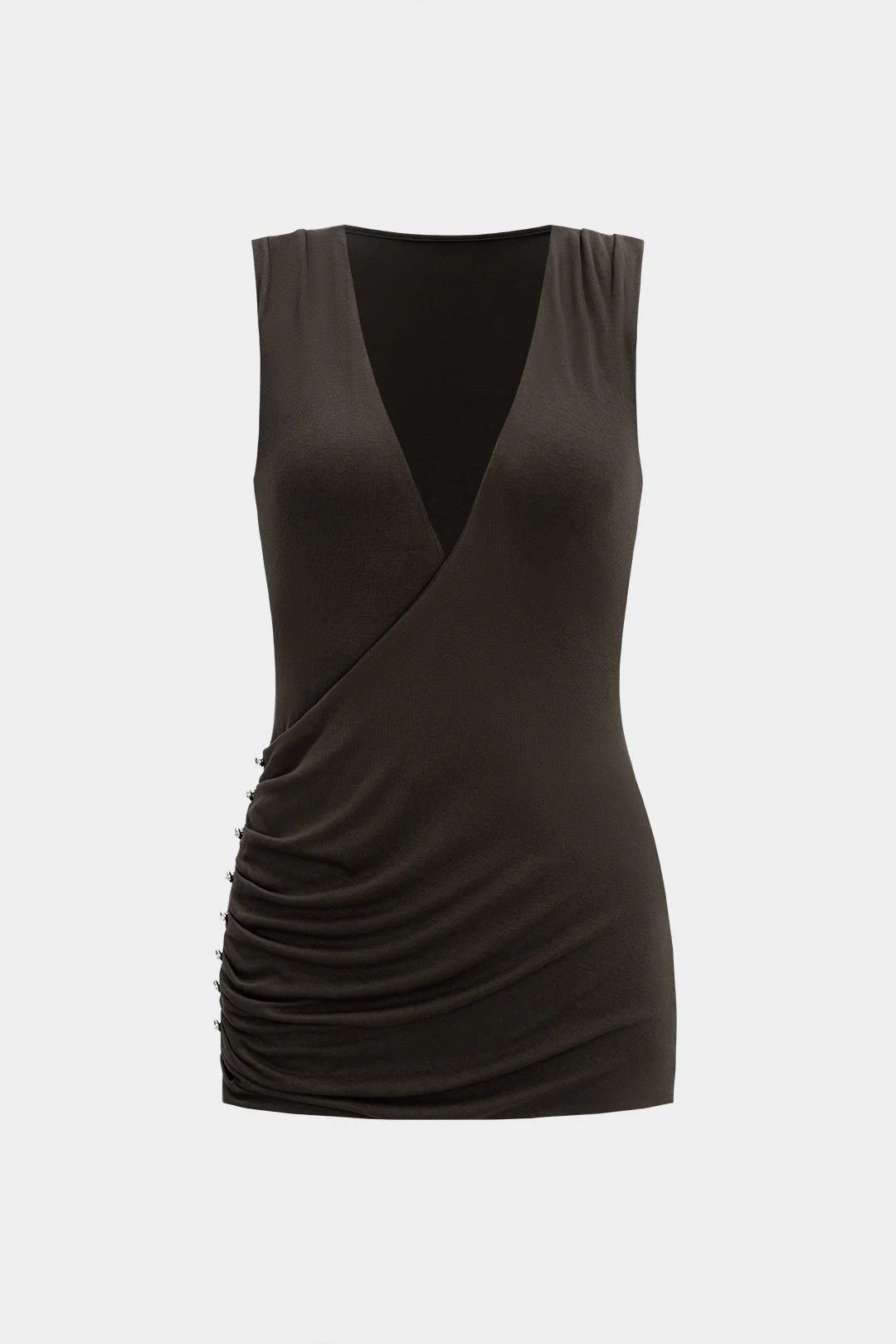 Deep V-Neck Pleated Button Tank Top - Flockneti
