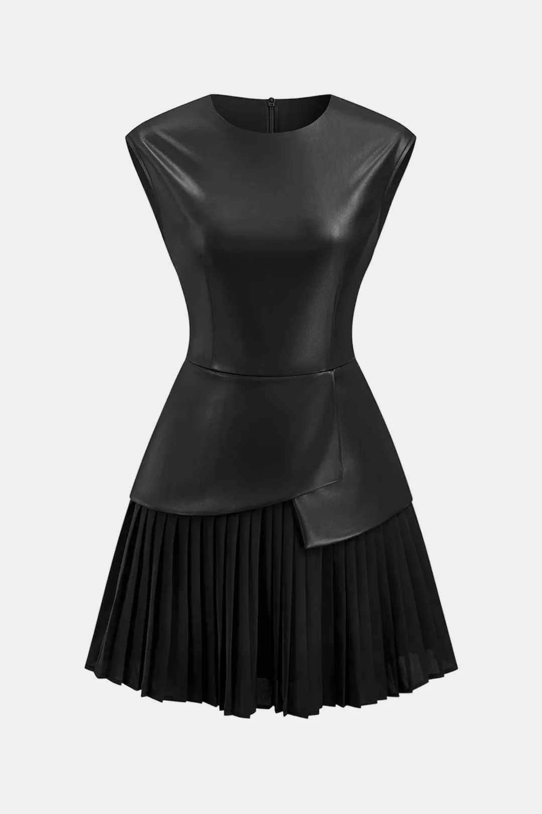 Faux Leather Patchwork Pleated Short Sleeve Mini Dress - Flockneti