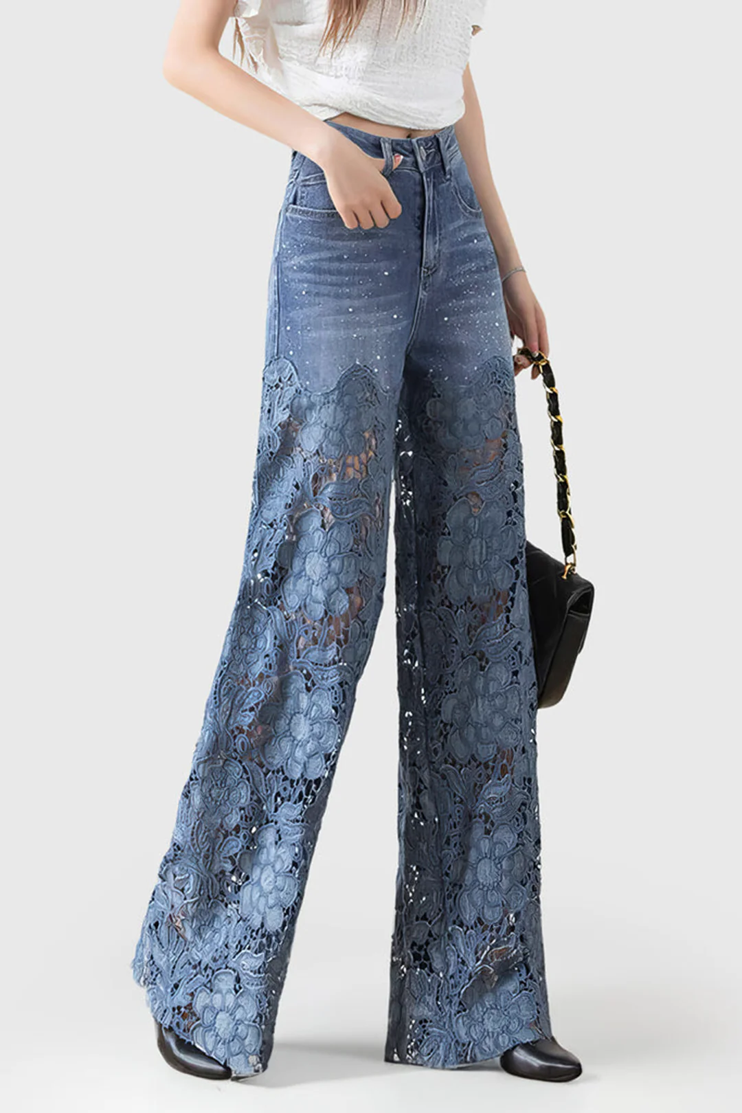 Lace Cut Out Patchwork Wide Leg Jeans - Flockneti