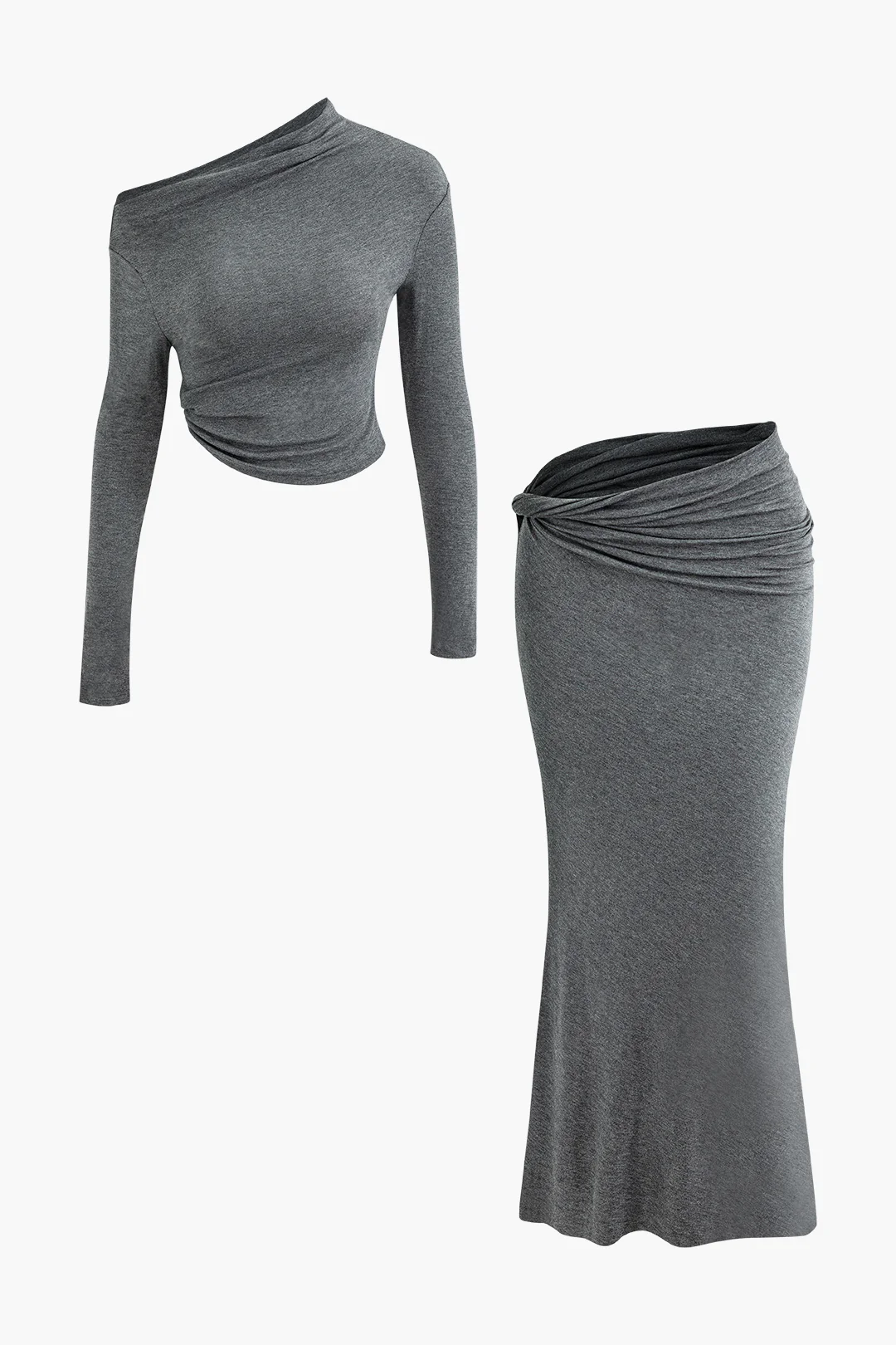 Single Shoulder Ruched Long Sleeve Top And Asymmetrical Skirt Set - Flockneti