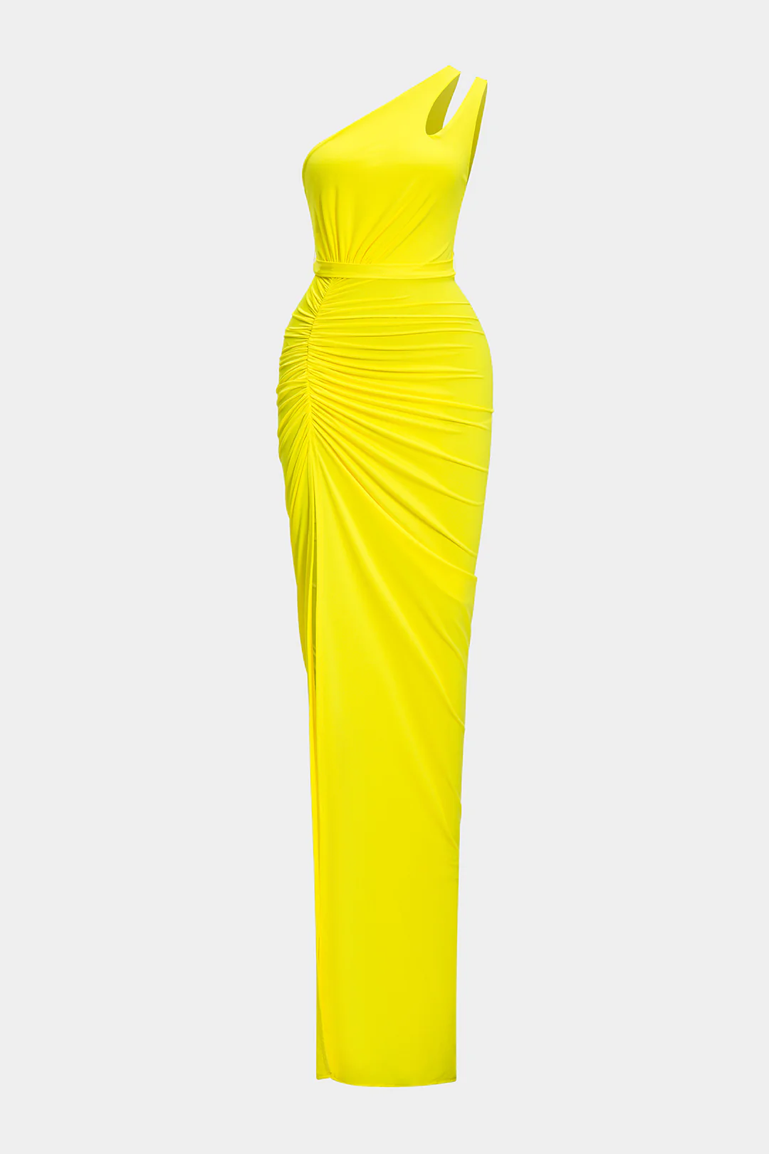 Satin High Slit Ruched Asymmetrical Maxi Dress - Flockneti