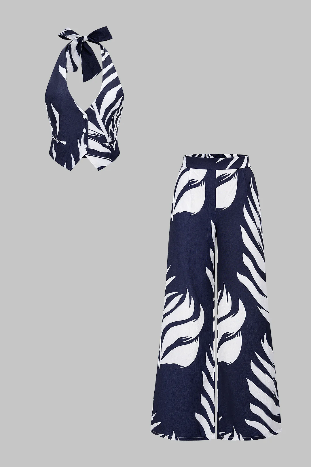 Contrast Leaves Print Halter V-Neck Tie-Up Top And Wide Leg Pants Set - Flockneti