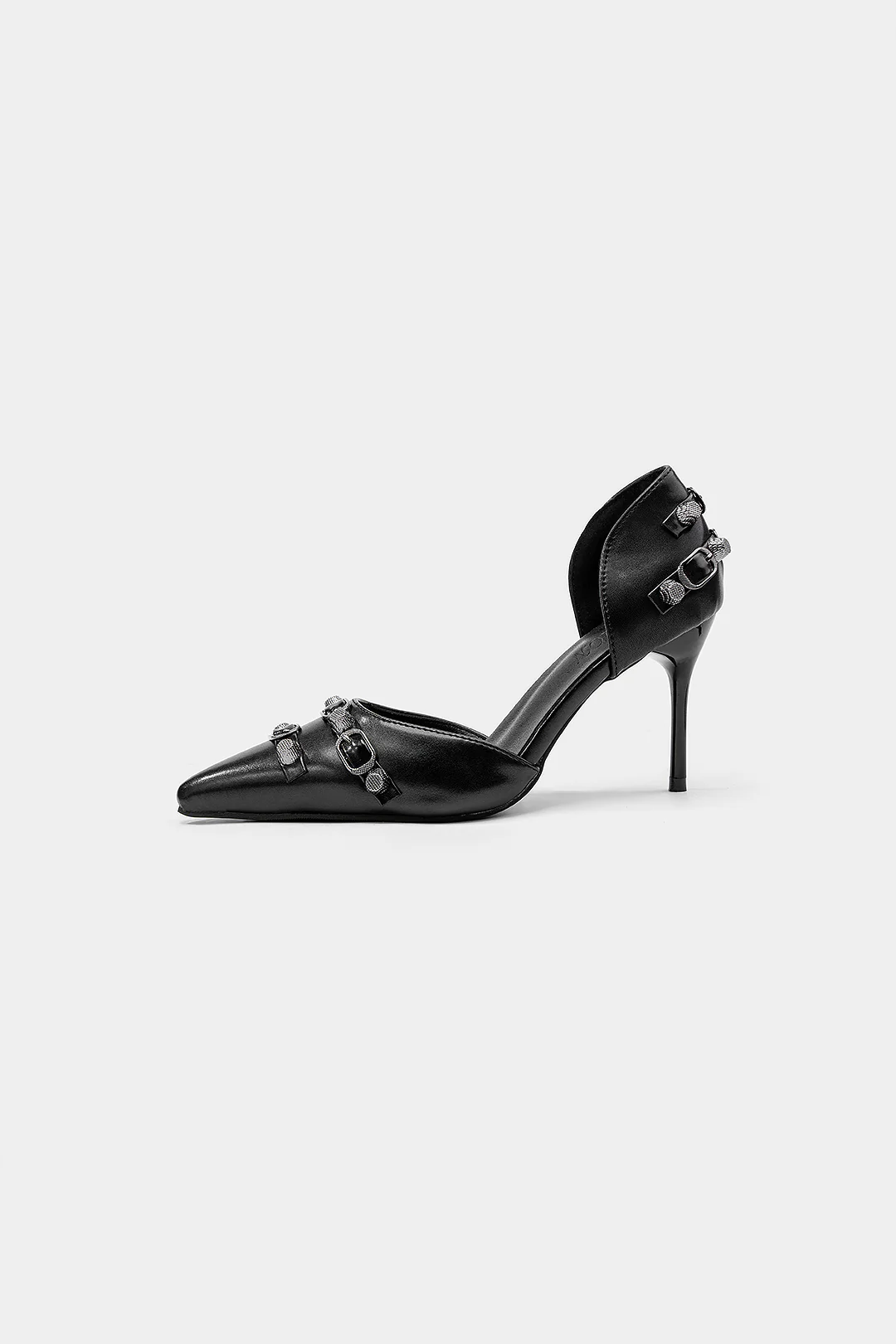 Studded Rivet Faux Leather Pointed Heels - Flockneti