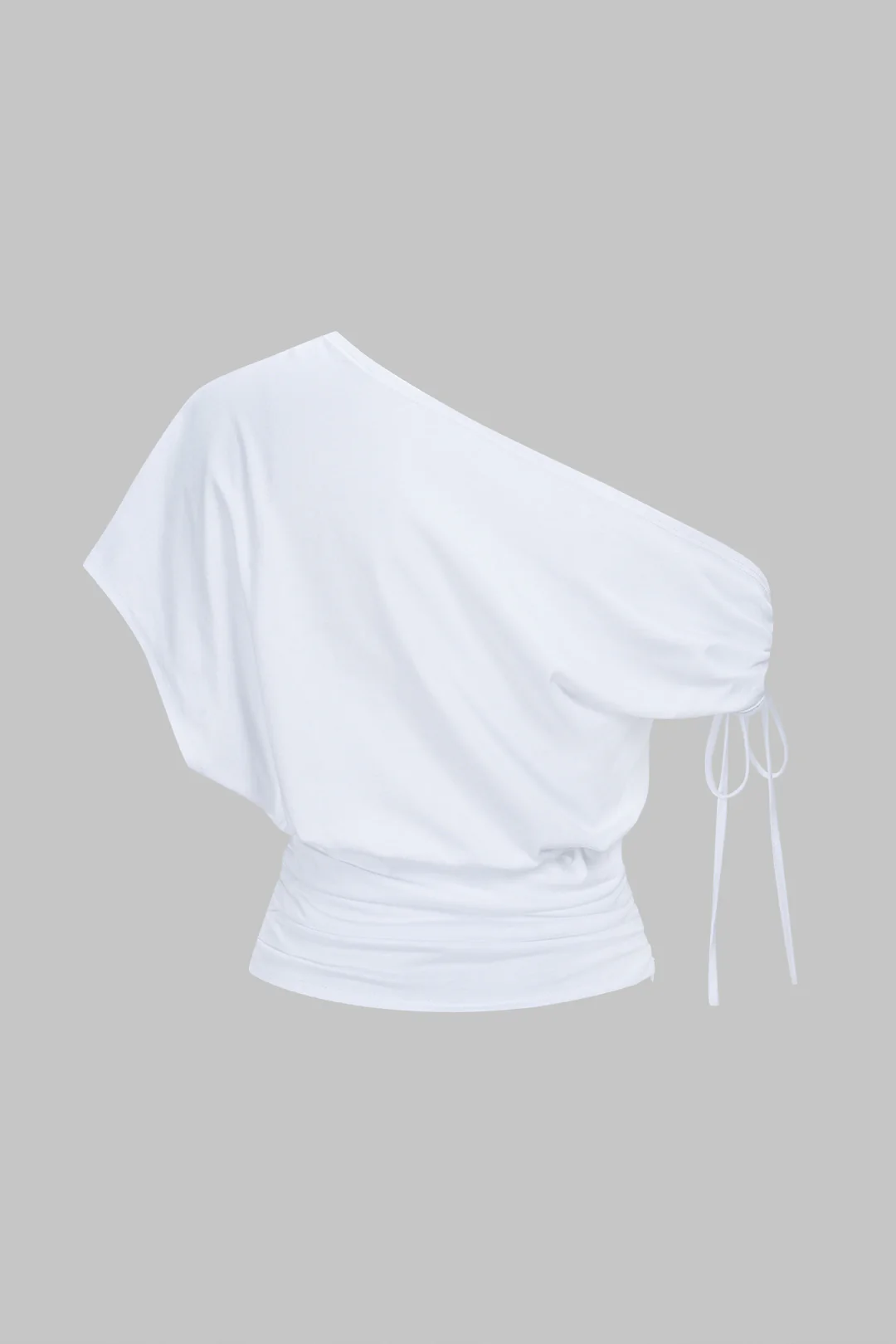 Tie-Up Asymmetrical One Shoulder Ruched Short Sleeve T-Shirt - Flockneti