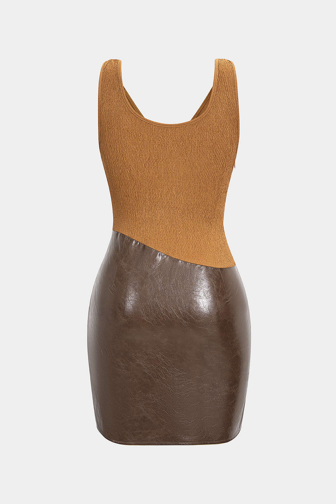 Faux Leather Jacquard Metallic Patchwork Ruched Sleeveless Midi Dress - Flockneti