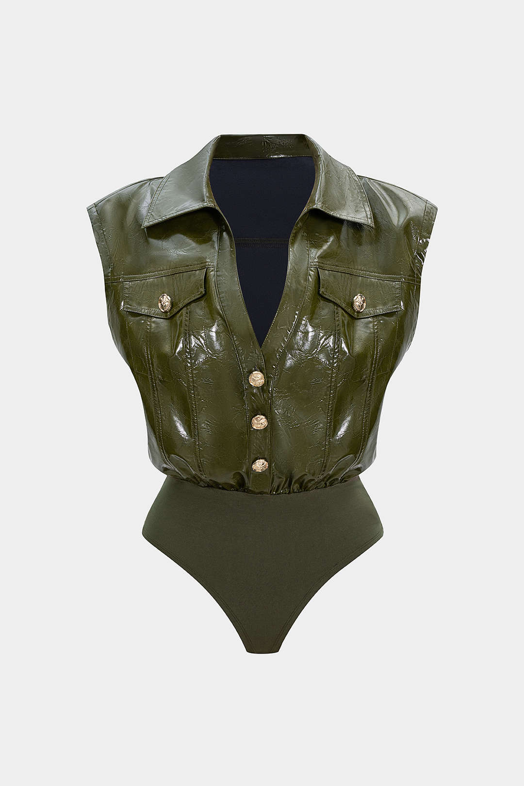 Faux Leather Button Patchwork Tank Sleeveless Bodysuit - Flockneti