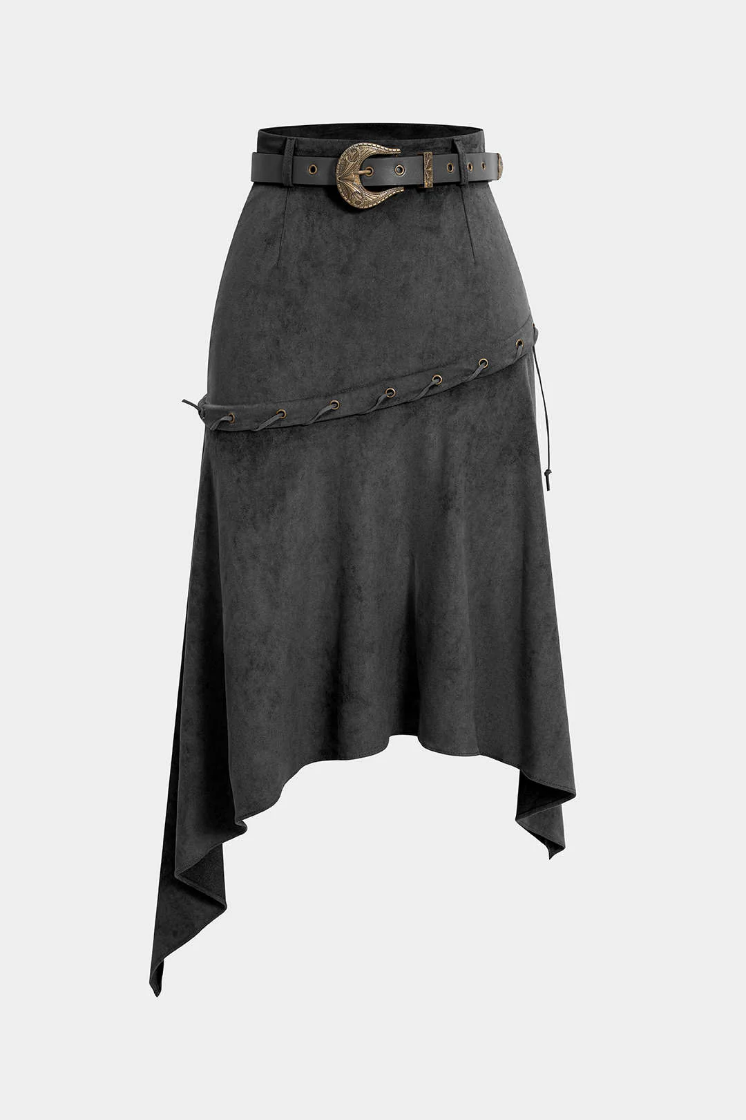 Suede Belted Irregular Hem High Waist Skirt - Flockneti