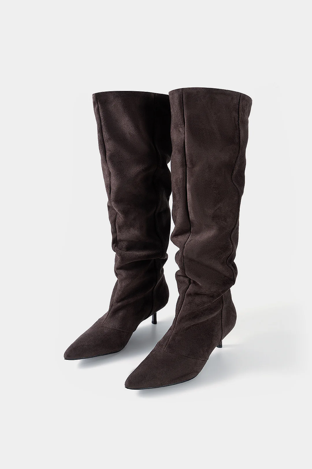 Suede Ruched Pointed Knee High Boots - Flockneti