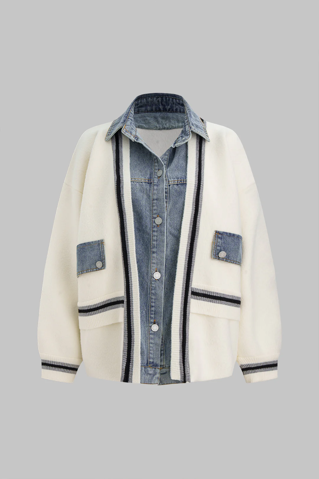 Knit Denim Patchwork Contrast Binding Cardigan - Flockneti