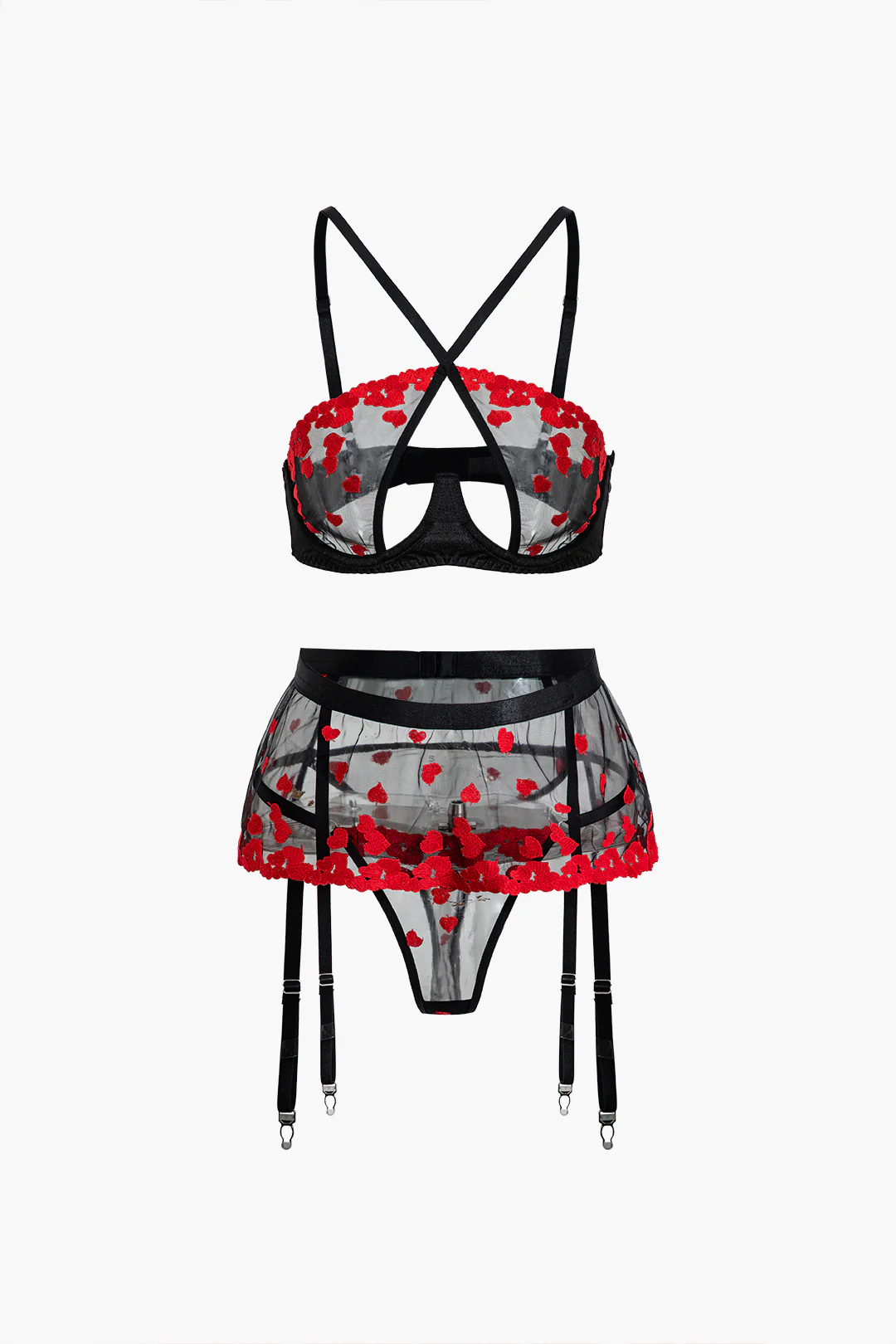 Embroidery Print Crossed Three-Pieces Lingerie Garter Set - Flockneti