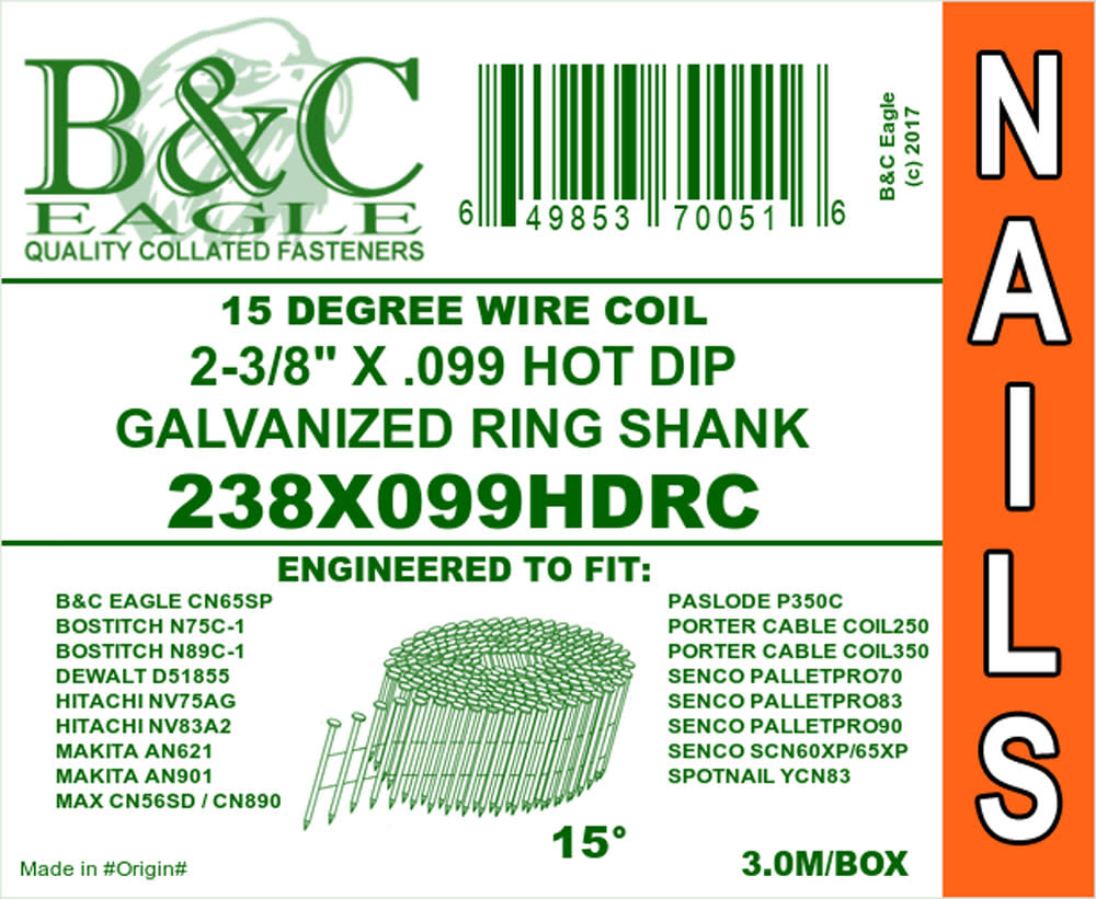 B and C Eagle 2-3/8 x .099 Wire Collated Ring HDG Coil Framing Nails 500pc - Flockneti