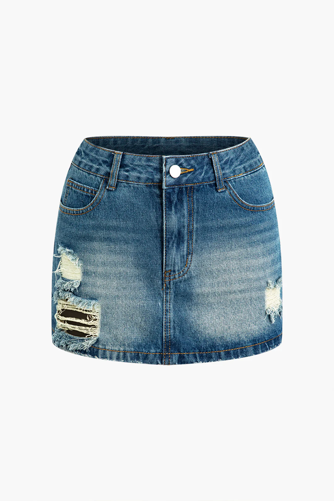 Denim Button Ripped Zipper Skirt - Flockneti
