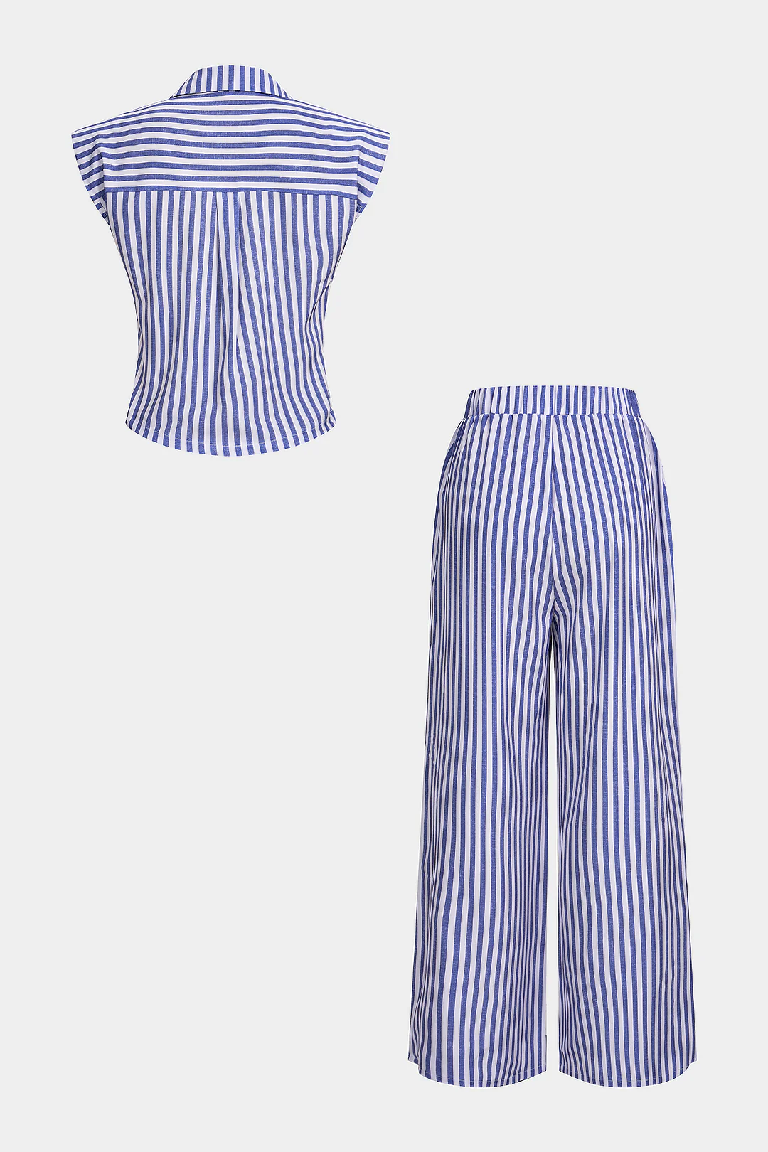 Stripes Print Lapel Sleeveless Top And Wide Leg Pants Set - Flockneti