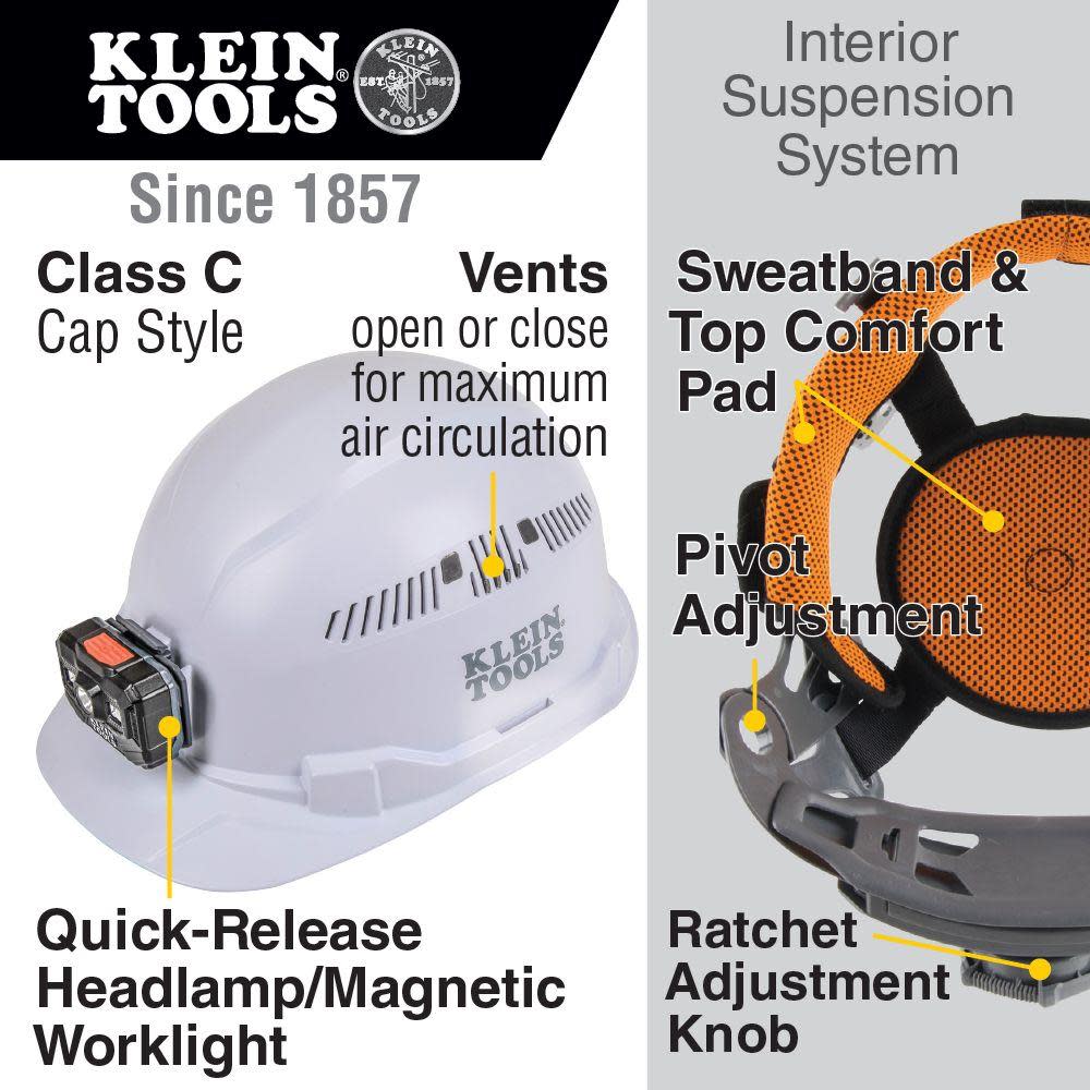 Klein Tools Hard Hat Vented Cap Style with Rechargeable Headlamp White - Flockneti