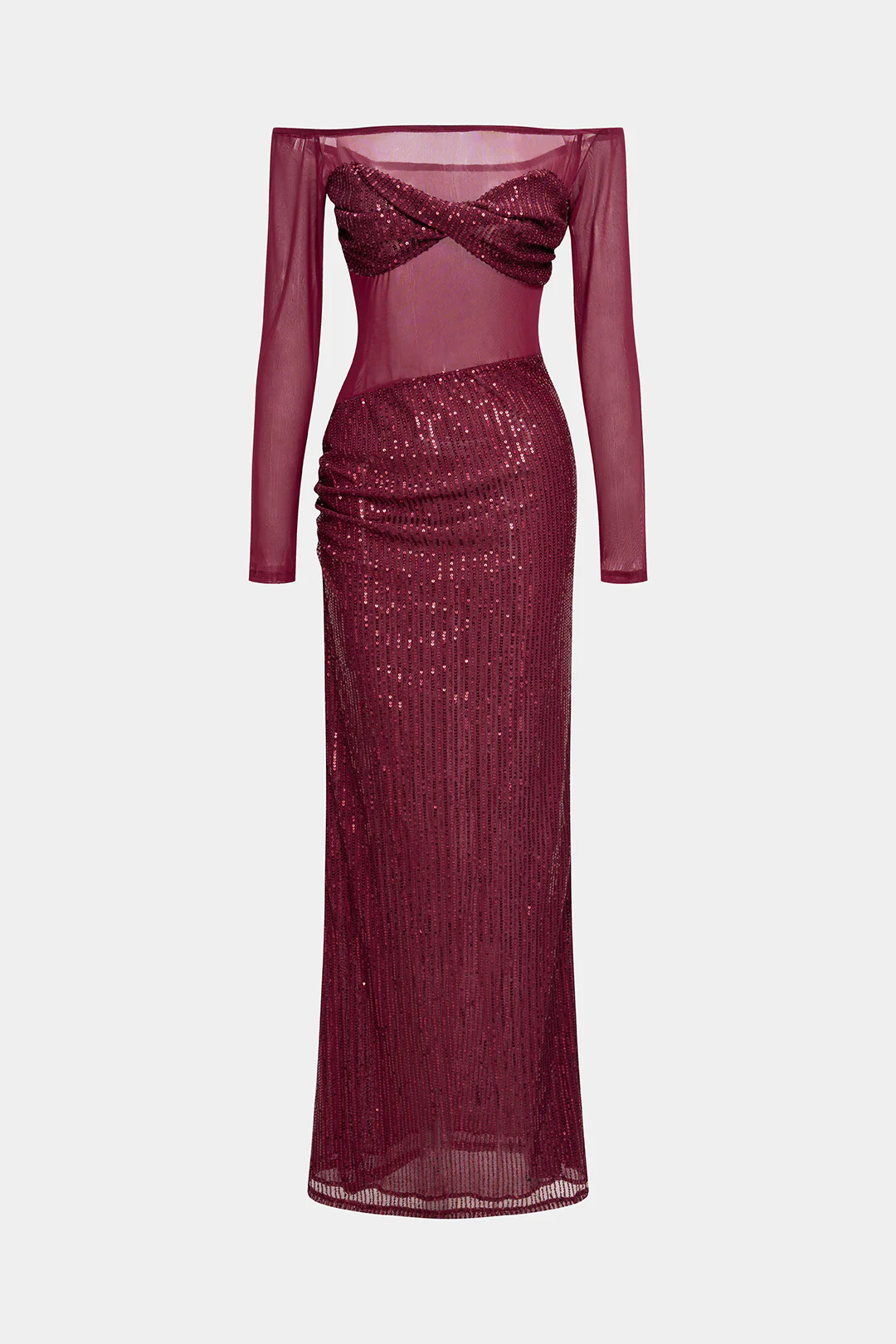 Mesh Patchwork Sequin Off Shoulder Ruched Long Sleeve Maxi Dress - Flockneti