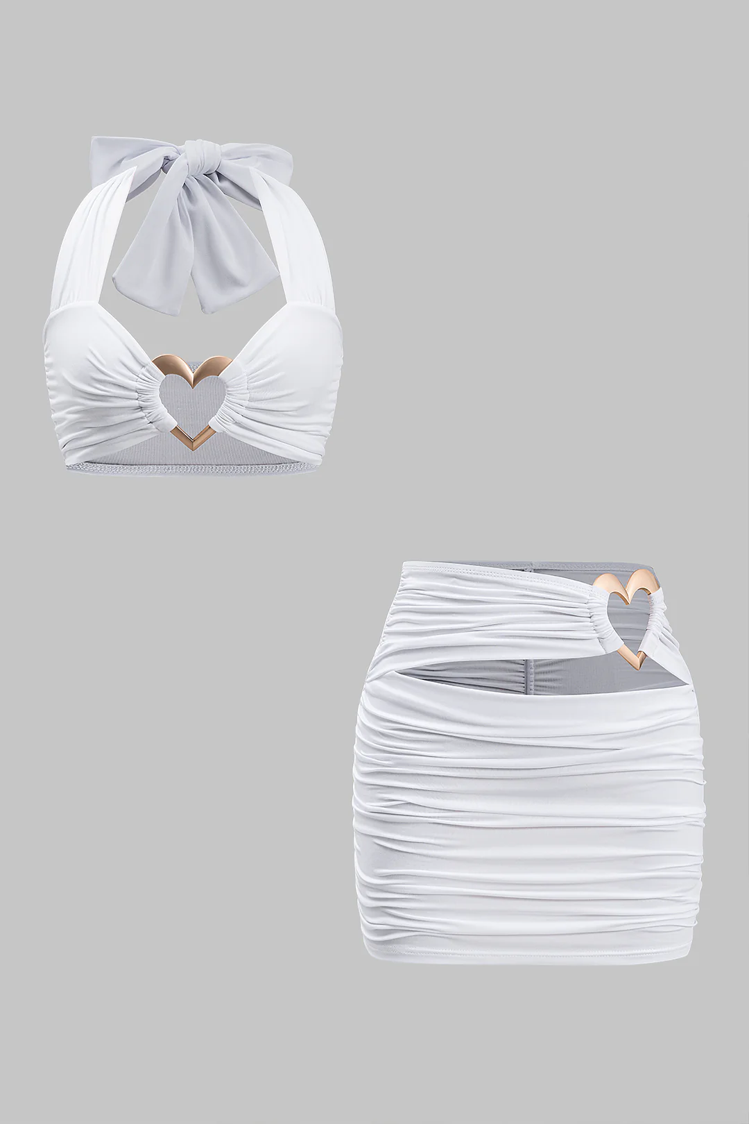 Metallic Decor Ruched Halter Neck Tank Top And Cut Out Skirt Set - Flockneti
