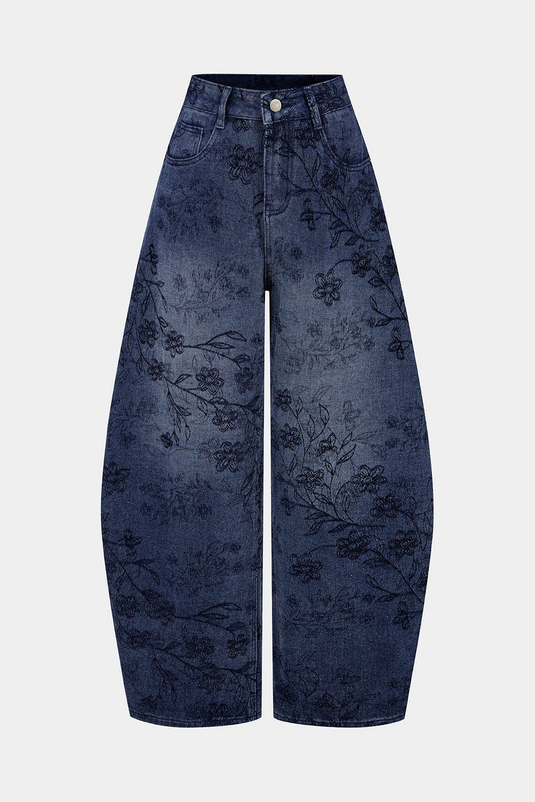 Denim Floral Print Zipper Barrel Jeans - Flockneti
