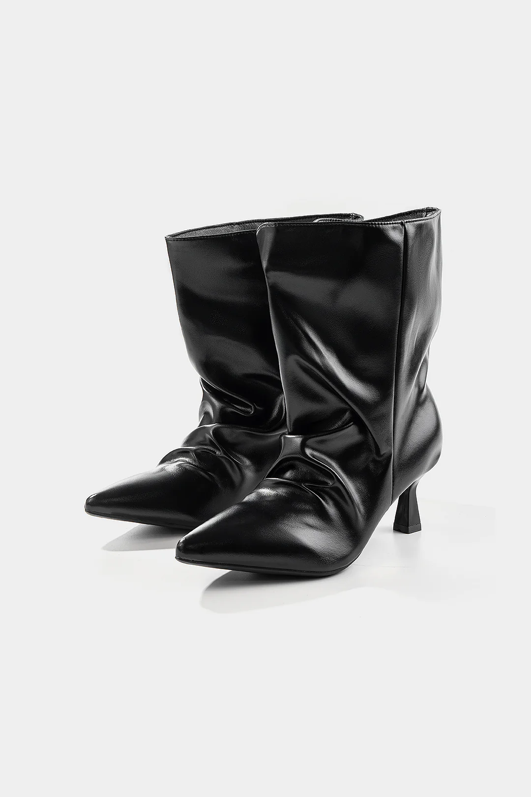 Leather Ruched Wrinkled Pointed Ankle Boots - Flockneti