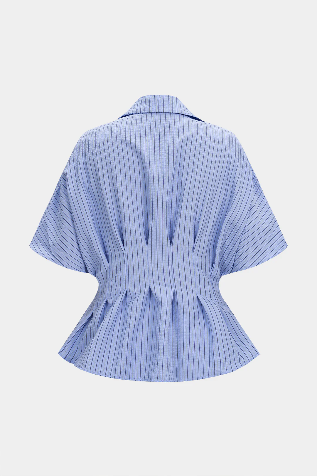 Stripes Print Lapel Ruched Short Sleeve Shirt - Flockneti