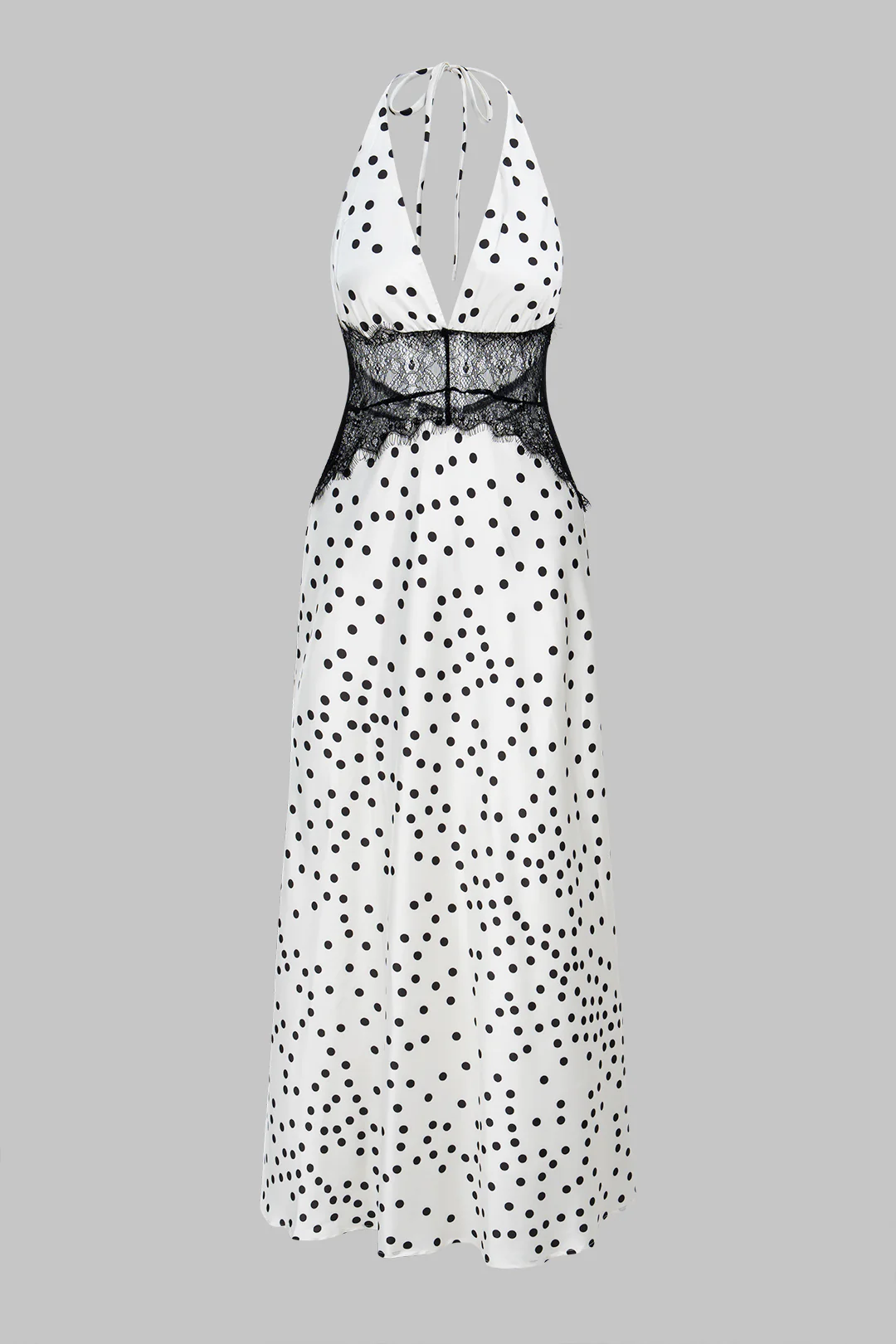 Polka Dots Print Satin Patchwork Lace Halter V-Neck Backless Sleeveless Maxi Dress - Flockneti