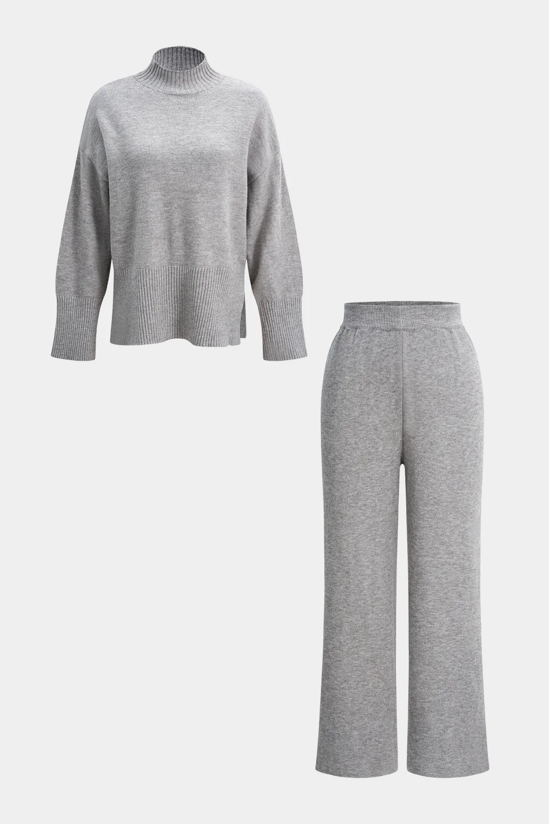 Knit Mock Neck Side Slit Long-Sleeve Top And Wide Leg Pants - Flockneti