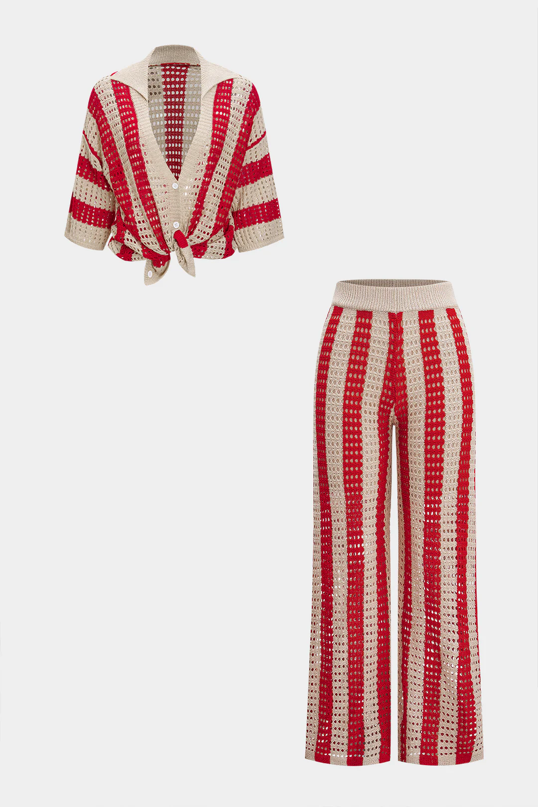 Knit Cut Out Contrast Short-Sleeve Top And Pants Set - Flockneti