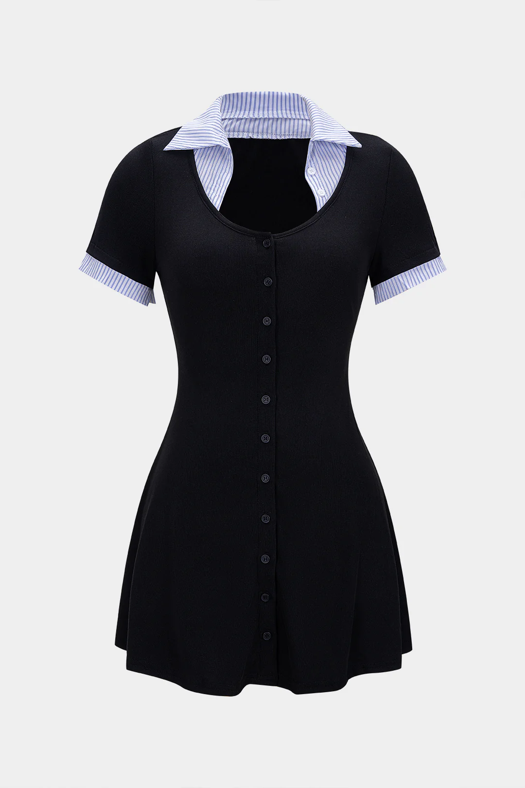 Striped Contrast Round Neck Button Short Sleeve Mini Dress - Flockneti
